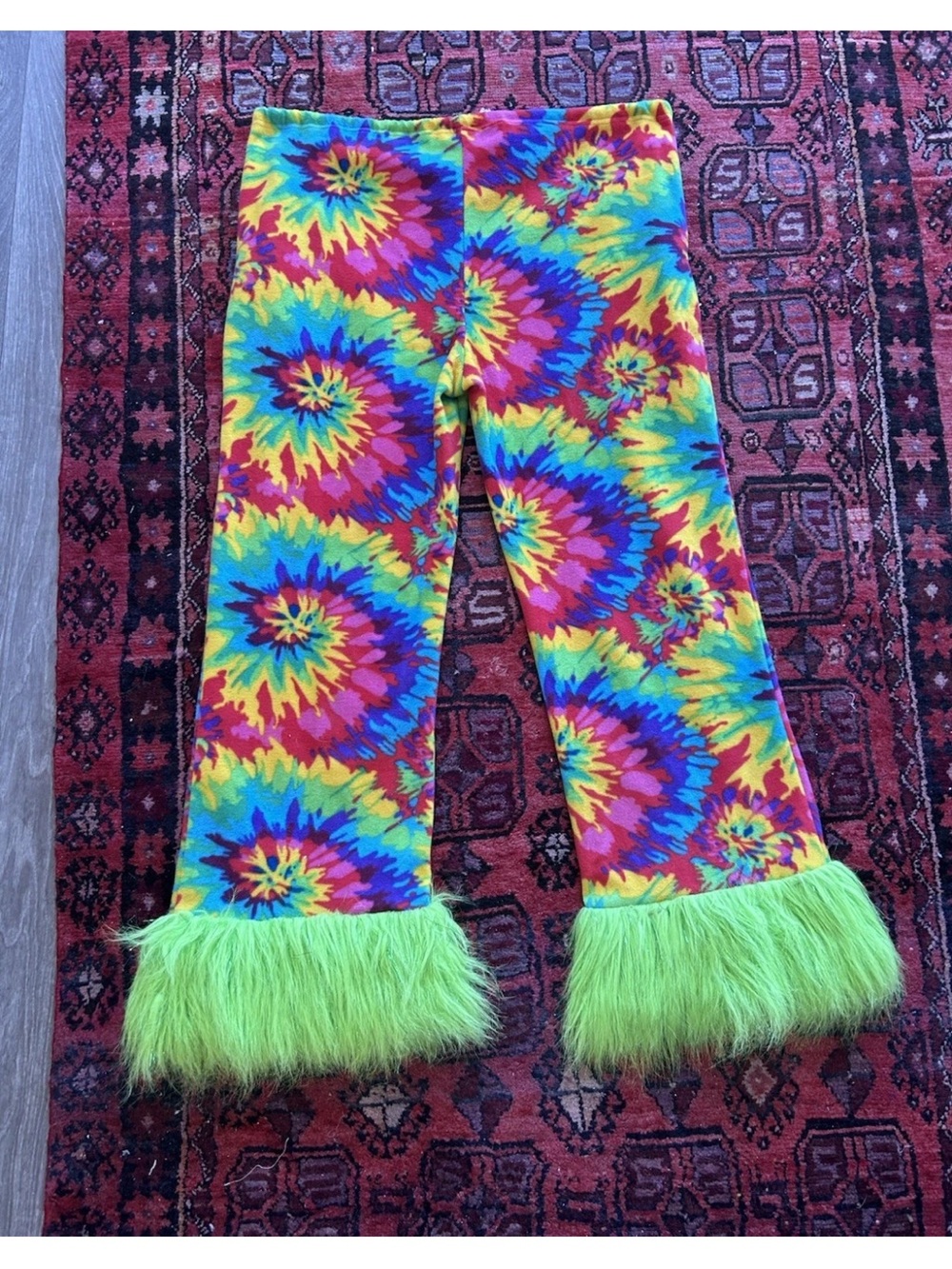 Grandma Pants Tie Dye Faux Fur Bell Bottom Festival Rave Pants L Burning Man - Picture 10 of 14